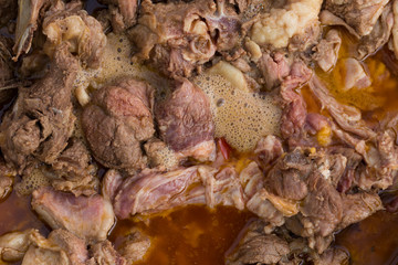 Kavurma is a Turkic sheep meat dish. Pieces of meat are stewed in a large cauldron over an open fire.