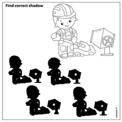 Puzzle Game for kids. Find correct shadow. Builder with shovel and concrete mixer. Profession. Coloring book for children.