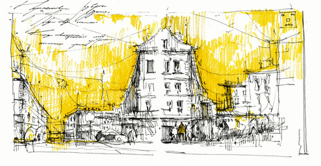 Old city central street hand drawn watercolor illustrations