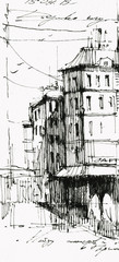 Old town cafe black ink hand drawn illustration