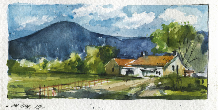 Summertime countryside landscape hand drawn watercolor illustration