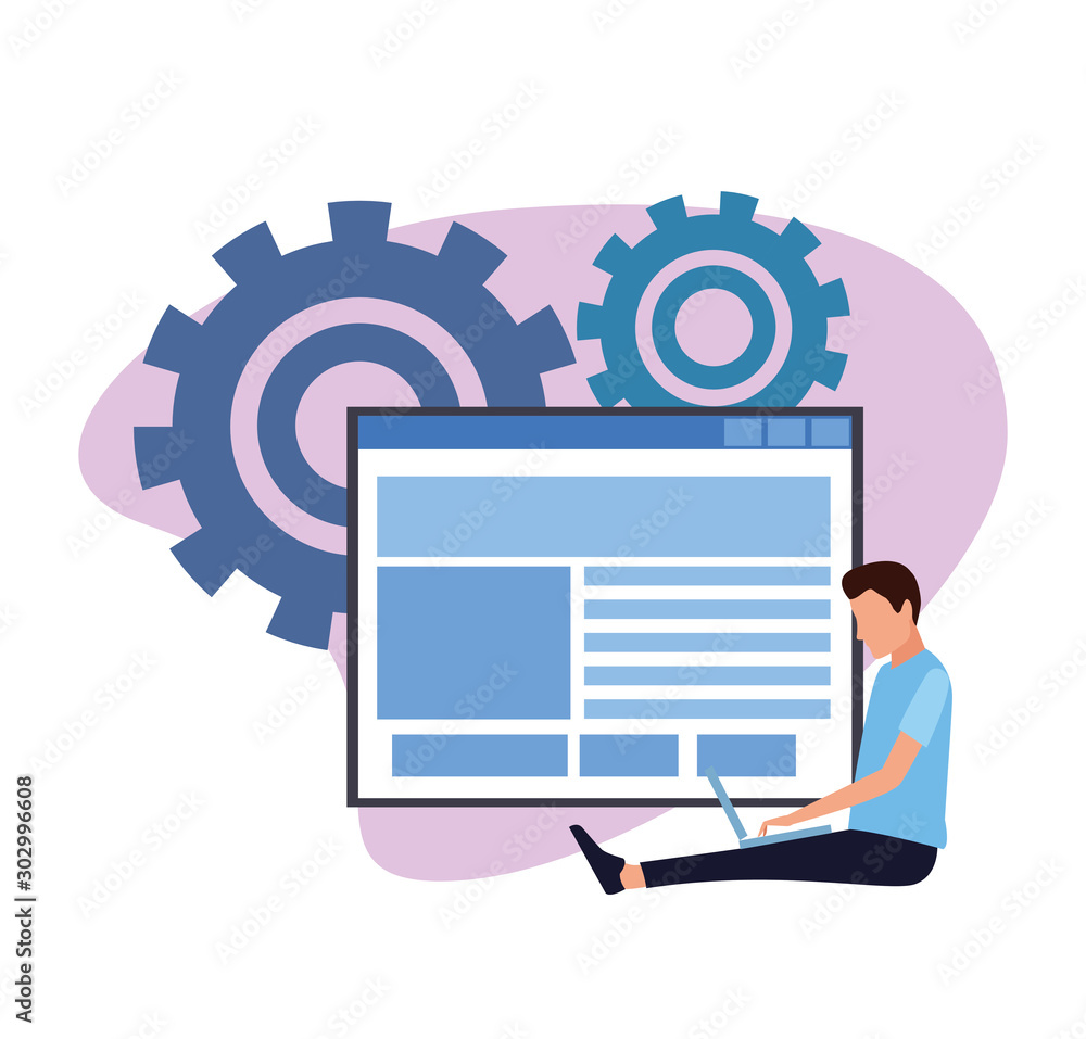 Poster avatar man using a laptop computer over web windows and gears wheel