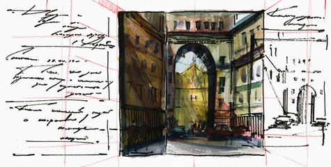 Old fashioned arc passage hand drawn watercolor illustration.