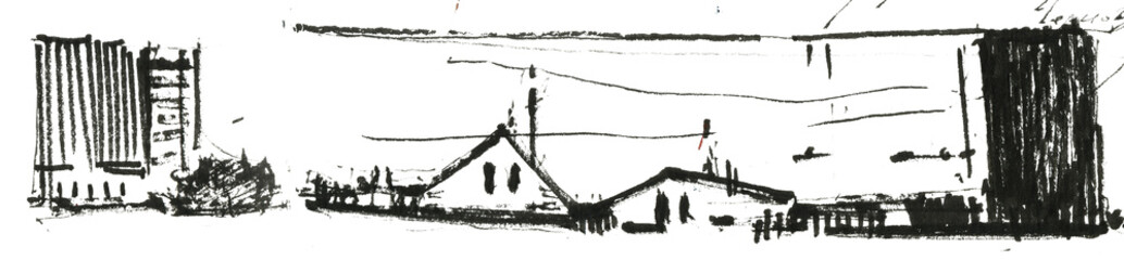 Shabby wooden houses black and white hand drawn illustration