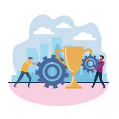 avatar men pushing a gear wheels and trophy cup