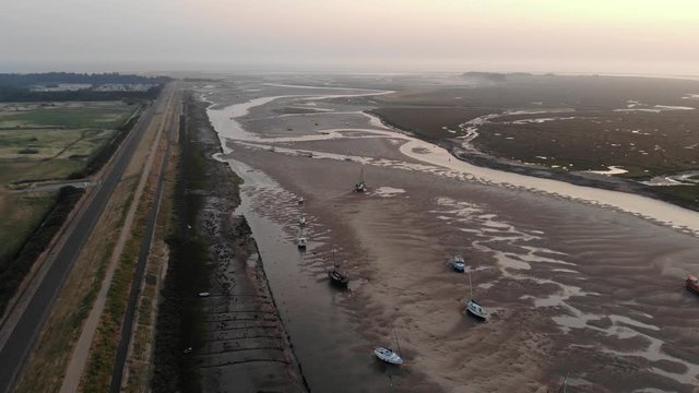 Estuary  At Low Tide, Sea Defence, Boats, Atmospheric Dawn Aerial Landscape