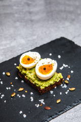 Healthy avocado toast with eggs for breakfast on a black plate