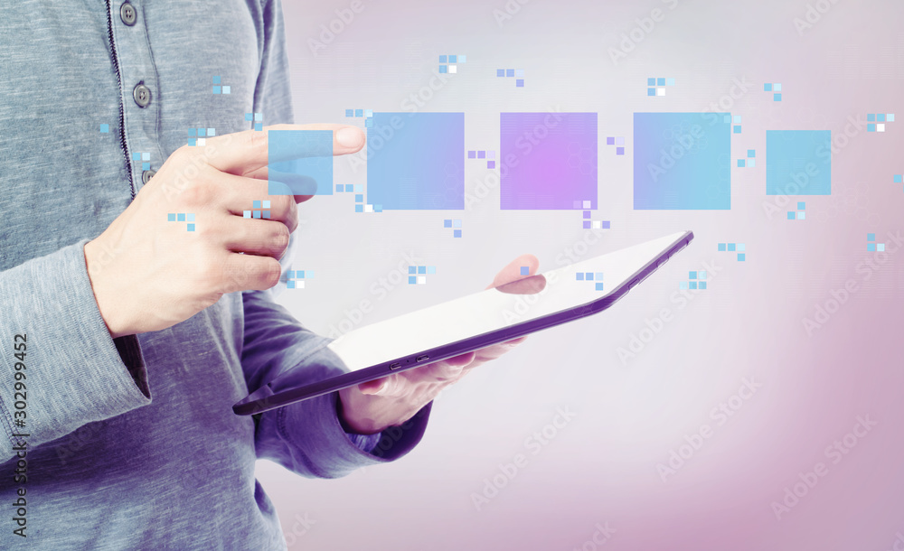 Aufkleber digital square boxes with man holding a tablet computer