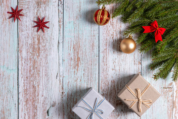 Christmas background with fir tree and decor. Top view with copy space