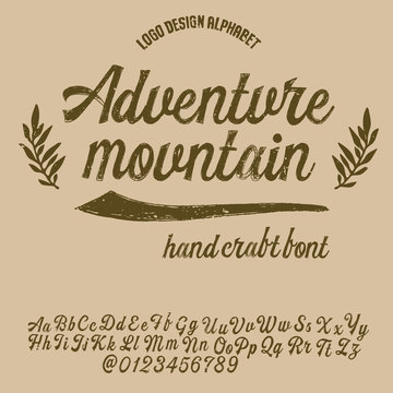 "Adventure outdoor" hand drawn  calligraphy display typeface on light background for projects,logotypes and headlines.Outdoor poster advertising inspired font.Letters and numbers.Vector illustration.
