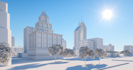 Miniature city model, regular street view. 3D render