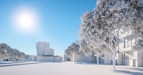 Miniature city model, regular street view. 3D render