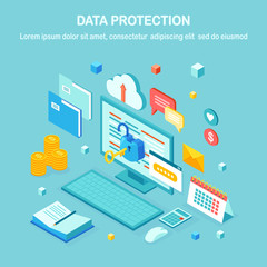 Fototapeta na wymiar Data protection. Internet security, privacy access with password. 3d isometric computer pc with key, open lock, folder, cloud, documents, laptop, money. Vector design for banner