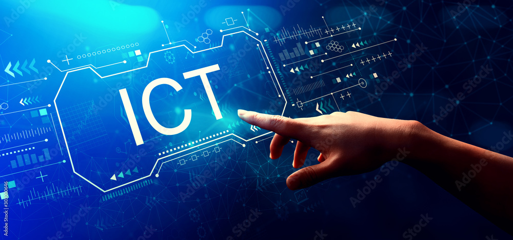 Poster information and communications technology with hand pressing a button on a technology screen