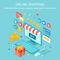 Online shopping , sale concept. Buy in retail shop by internet. 3d isometric computer, laptop with money, credit card, customer review, feedback, gift box, surprise. Vector design for web banner