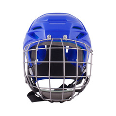 Blue ice hocket helmet isolated on white background.