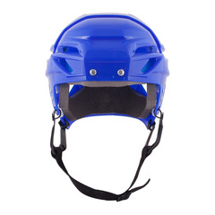 Blue ice hocket helmet isolated on white background.