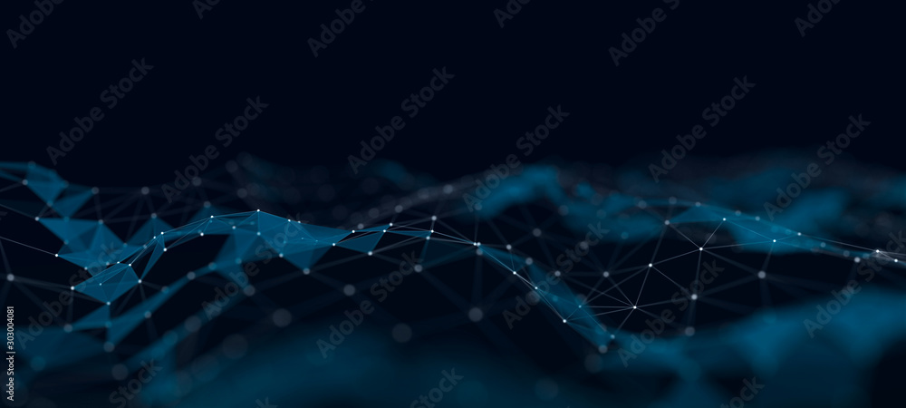 Poster Abstract digital background. Space filled with polygons and dots. 3D wave.