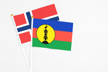 New Caledonia and Norway stick flags on white background. High quality fabric, miniature national flag. Peaceful global concept.White floor for copy space.