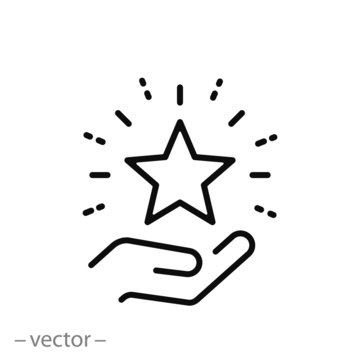 star on the hand icon, outline high reward, status good quality, star shine, thin line web symbol on white background - editable stroke vector illustration eps 10
