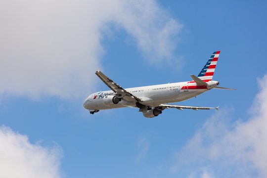 Fort Lauderdale, Florida - USA, May 14, 2017:  An American Airlines Airbus A321 aircraft taking off at the Fort Lauderdale/Hollywood International Airport.