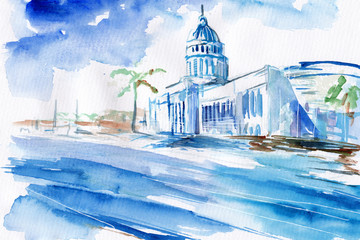 Obraz malowany recznie akwarelą przedstawiający ulice w Hawanie - obrazy, fototapety, plakaty
