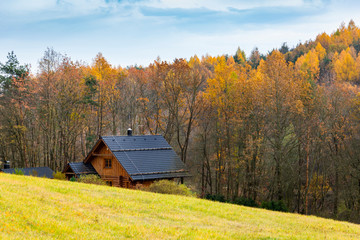 A country cabin in South Bohemia in Autumn with yellow trees.