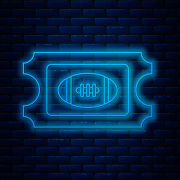 Glowing Neon Line American Football Ticket Icon Isolated On Brick Wall Background. Vector Illustration