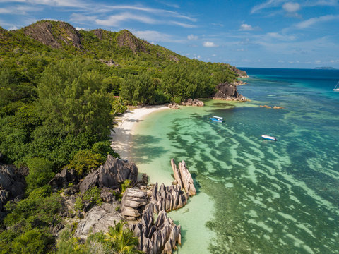 incredible view on the coastline of Curieuse Island on the seychelles from a Drone, travel and Tour destination concept