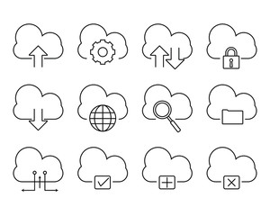 set of clouds technology icon design, included as upload, download, security, network, setting and more clouds icon.