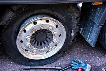 Truck wheel. Repair of cars on the road. Change wheel