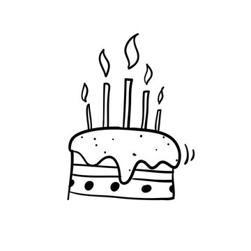 doodle cake and happy birthday illustration vector with hand drawn cartoon style