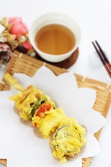 Japanese food, assorted skewer vegetable tempura and tea