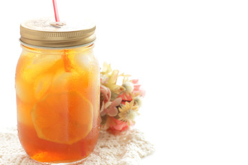 Lemon and iced tea in Jar with copy space