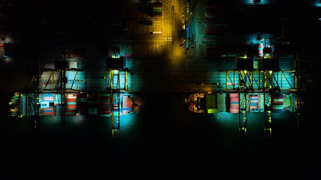 Container ship, Business logistic import-export transport international and transportation of containers in port , Shipping container buildings, Aerial at night view of Shipping container worldwide