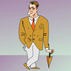 standing man with an umbrella in a red tie and a beige jacket