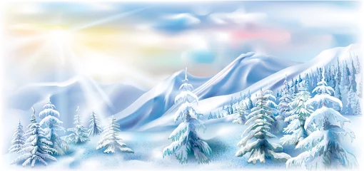 Raamstickers Winter mountains landscape with snowy trees © dracozlat