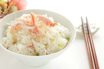 Japanese food, steamed crabs meat on rice