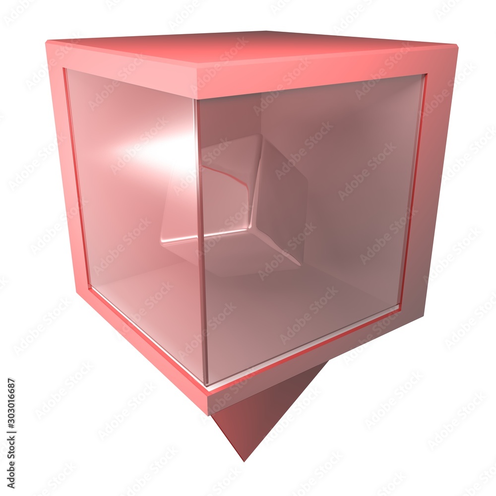 Poster red positioning box with rotating metallic cube - 3d rendering illustration