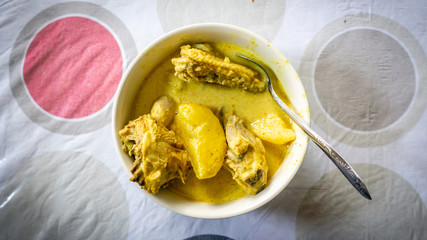 Ayam Masak Lemak Cili Api/ Chicken stew in coconut milk- traditional Malay cuisine in white bowl on table.