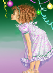 girl on a green-lilac background with festive balloons and ribbons