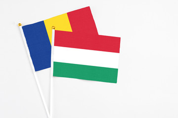 Hungary and Romania stick flags on white background. High quality fabric, miniature national flag. Peaceful global concept.White floor for copy space.