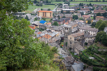 Fototapeta na wymiar a view from the castle over Verres town, Aosta Valley, Italy