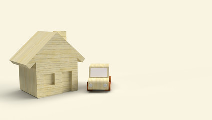 Wood toy house and car 3d rendering for business content..