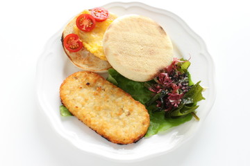 Hash brown and English muffin for breakfast