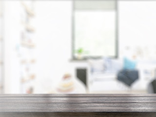 Table on defocuced interior background. 3D rendering