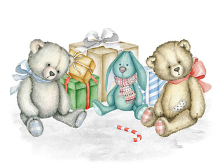 Hand drawn watercolor illustration of old-fashioned toys and gift boxes. Teddy Bears. Bunny toy. Watercolor Illustration on white background. Great for old-fashioned designs, greeting cards - 303019425