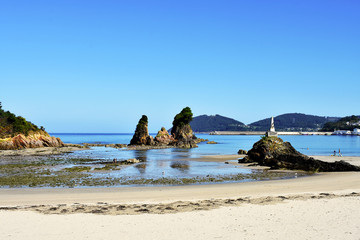 Os Castelos rocks in Seiramar beach, between Covas a Sacido beach, in Viveiro, Lugo, Galicia. Spain. Europe September 21, 2019