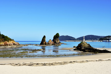 Os Castelos rocks in Seiramar beach, between Covas a Sacido beach, in Viveiro, Lugo, Galicia. Spain. Europe September 21, 2019