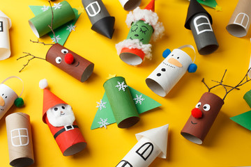 Collection of toys from toilet roll tube for new year, xmas decor. A terrible craft. School and...